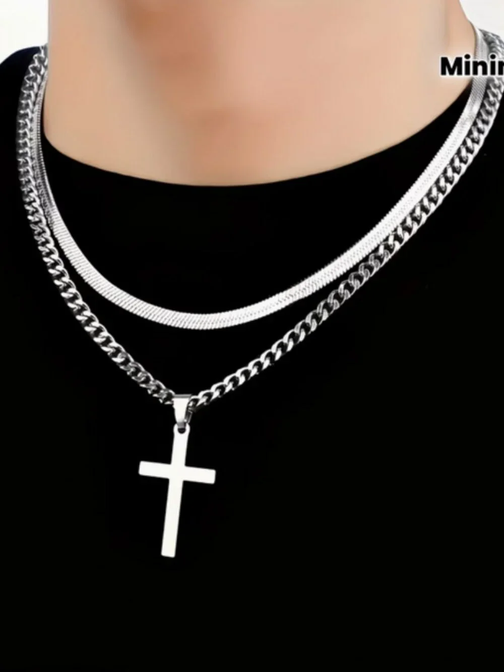 Two Chain Combo, One Chain with a Cross Pendant and an Additional Snake Chain